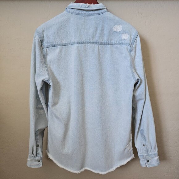 Zara Light Wash Relaxed Fit Distressed Denim Shirt Jacket Shacket - Picture 7 of 13